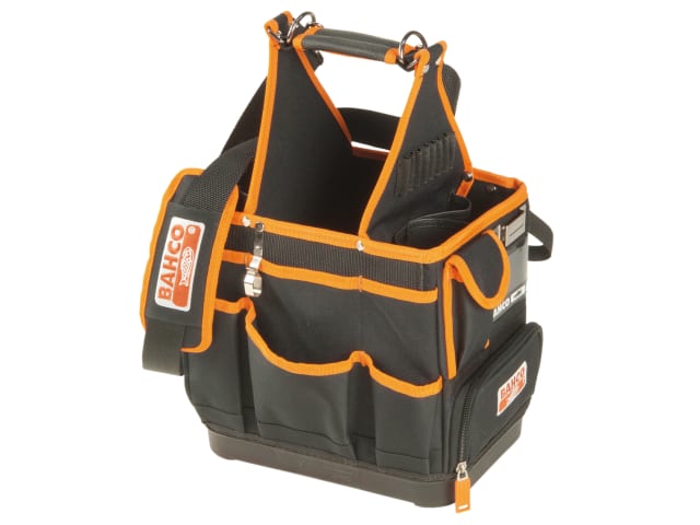 A Bahco 12-inch electricians' hard bottom bag with a waterproof base and multiple compartments.