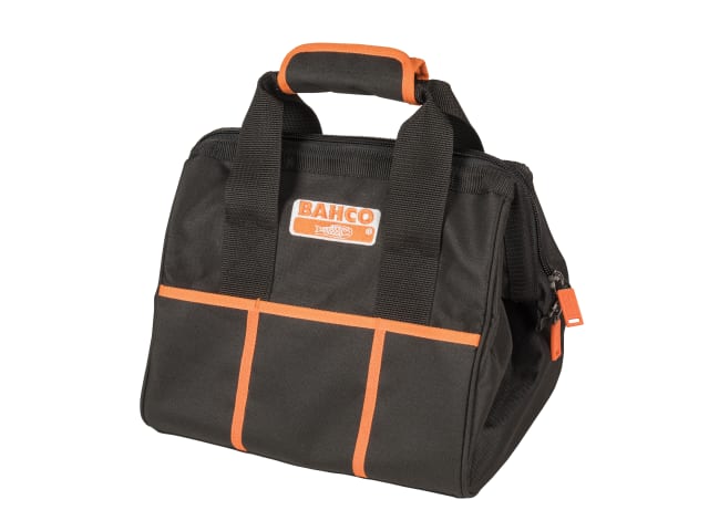 A Bahco closed top fabric tool bag with a rigid frame and numerous internal pockets.