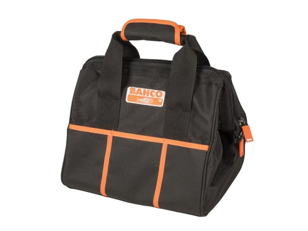 A Bahco closed top fabric tool bag with a rigid frame and numerous internal pockets.