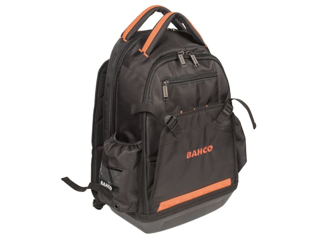 The Bahco electricians' backpack shown from the front, highlighting its pockets and zippers.
