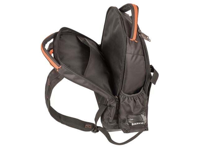 Side view of the Bahco electricians' backpack, showing its depth and side pockets.