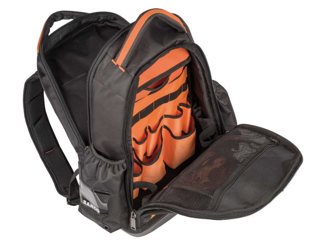 The Bahco electricians' backpack shown open, revealing the internal tool organization panel.
