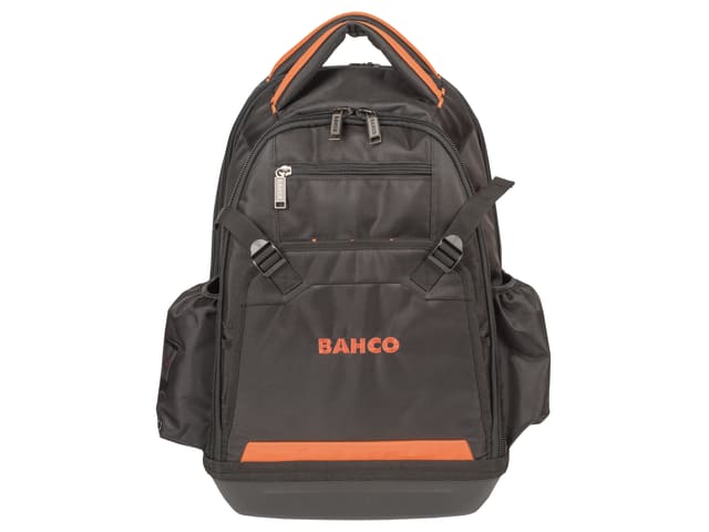 A Bahco heavy-duty electricians' backpack with a hard bottom and multiple storage sections.