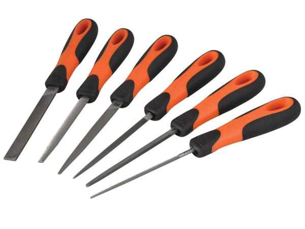 A Bahco 1-476 Ergo 6-piece file set, 100mm, with assorted shapes and ergonomic handles.