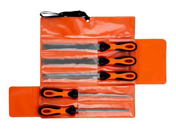 The five 200mm files from the Bahco Ergo engineering set laid out for inspection.