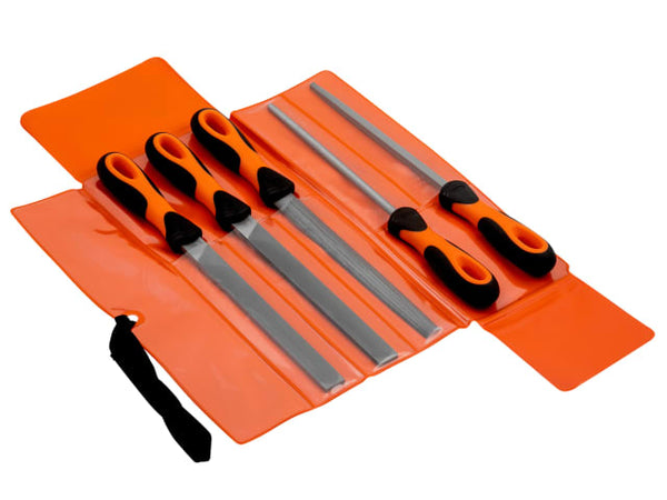 A Bahco 200mm, 5-piece Ergo engineering file set in a protective roll-up wallet.