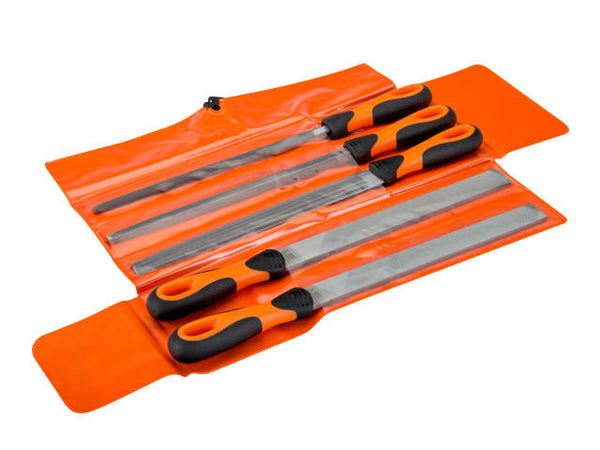 A Bahco 250mm, 5-piece Ergo engineering file set in a black protective wallet.