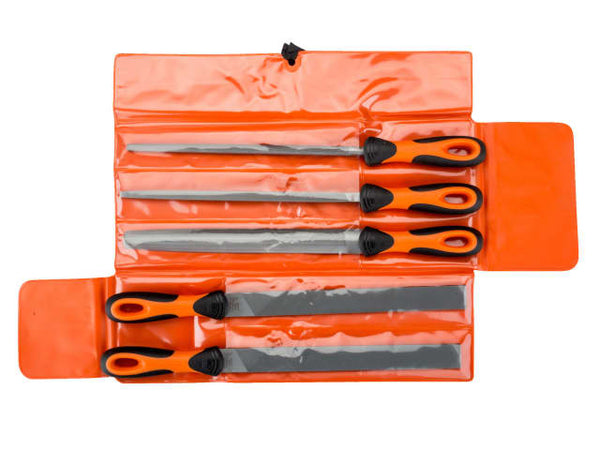 The five 250mm files from the Bahco Ergo engineering set displayed in a row.