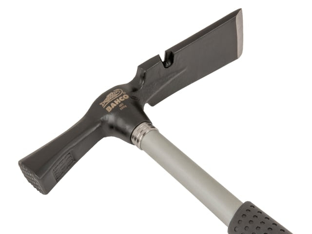 The Bahco 486 bricklayers' hammer held in hand to demonstrate its ergonomic grip.