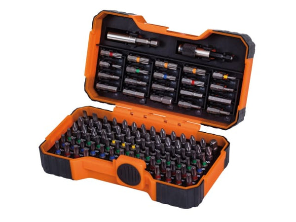 A Bahco 59/S100BC colour-coded bit set, 100 pieces, in a durable black and orange case.