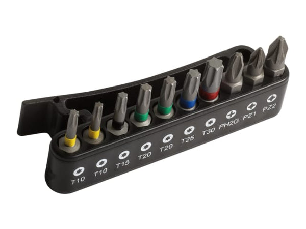 A Bahco 59/S10BC bit set, 10 pieces, with colour-coded rings for easy identification.