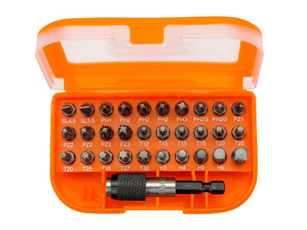 The Bahco 31-piece bit set shown with its case open, displaying the organized bits.