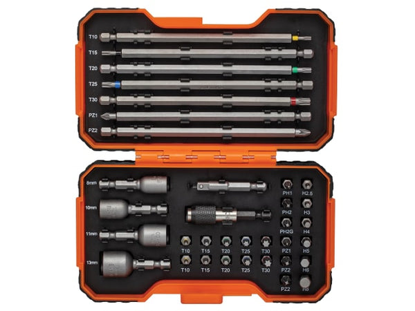 A Bahco 59/S35BC bit set, 35 pieces, with colour-coded bits in a durable case.