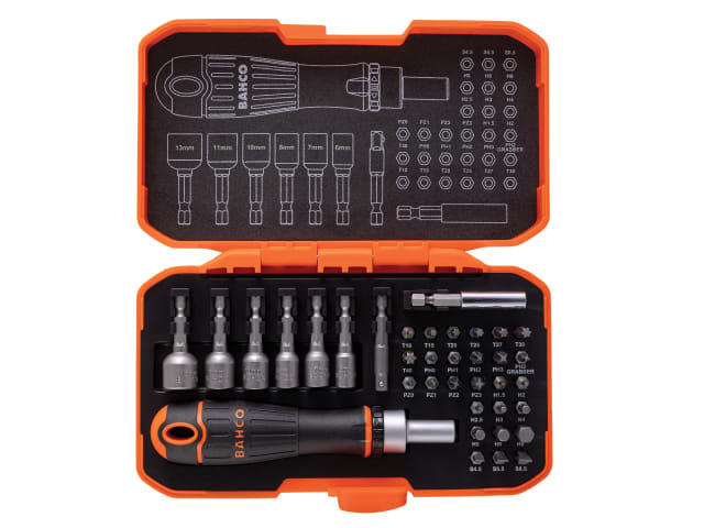 A Bahco 36-piece ratcheting coloured bit set with a compact ratchet handle included.