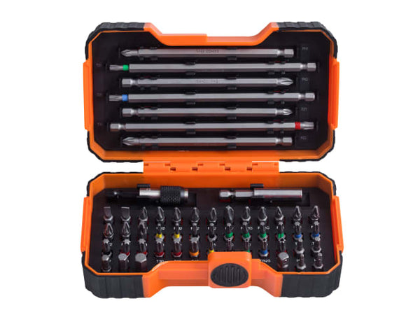 A comprehensive Bahco 59/S54BC colour-coded bit set, 54 pieces, for a wide range of tasks.