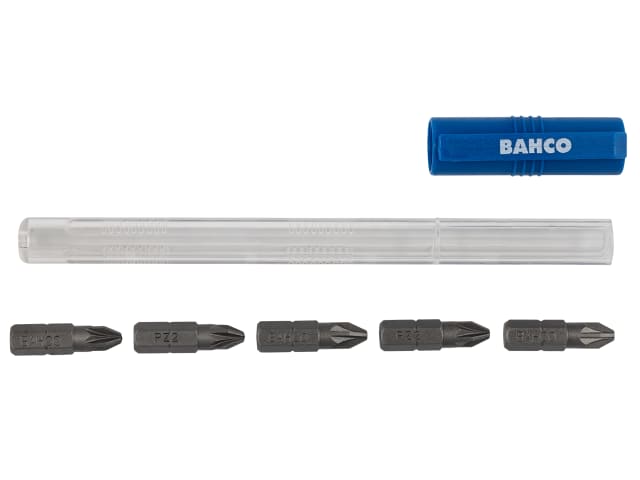 A close-up showing the variety of screwdriver bits included with the Bahco bit pen.