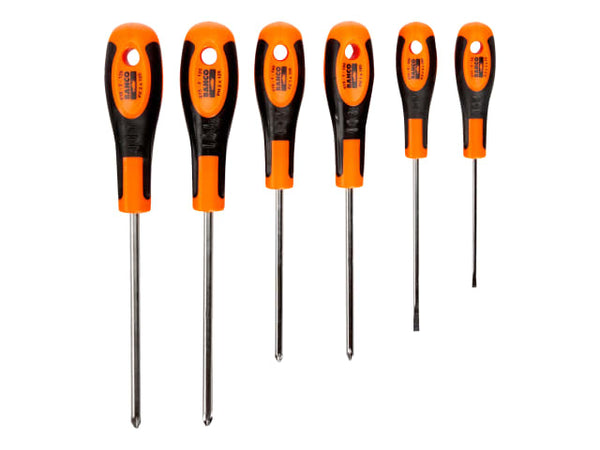 A Bahco 600 series 6-piece screwdriver set with classic red handles, in its packaging.