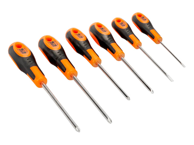The six screwdrivers from the Bahco 600 series set laid out, showing assorted tip types.