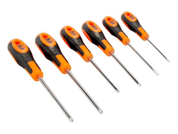 The six screwdrivers from the Bahco 600 series set laid out, showing assorted tip types.