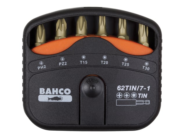 A Bahco 62TIN-7 7-piece bit set with durable TIN-coated bits in a pocket-sized holder.