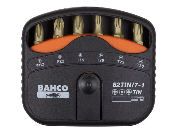 A Bahco 62TIN-7 7-piece bit set with durable TIN-coated bits in a pocket-sized holder.