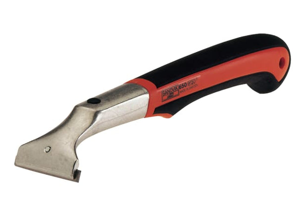 A Bahco 650 carbide-edged power scraper with a long handle for two-handed use and added pressure.