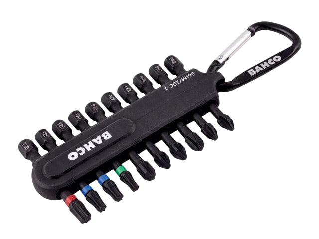 A Bahco 66IM/10C-1 heavy-duty 10-piece torsion bit set for impact drivers, in a compact case.
