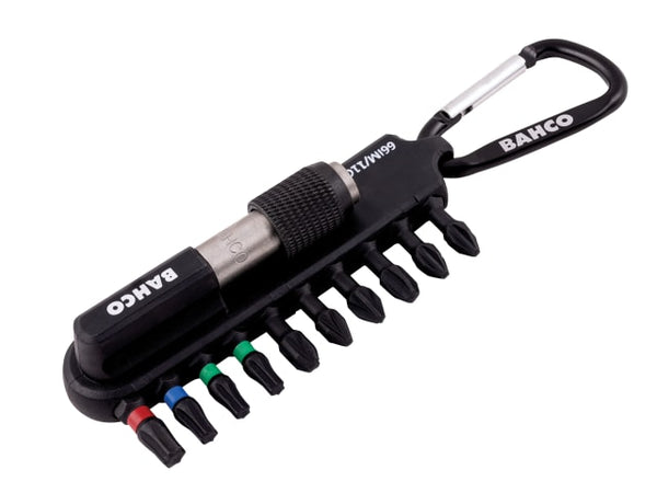 A Bahco 66IM/11C-1 heavy-duty 11-piece torsion bit set, including a magnetic bit holder.