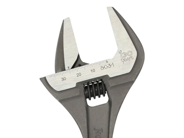 Angled view of the Bahco 130th Anniversary wrench showing its slim profile.