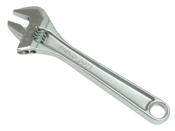 Bahco 80 series adjustable wrench with a polished chrome finish and measurement scale.