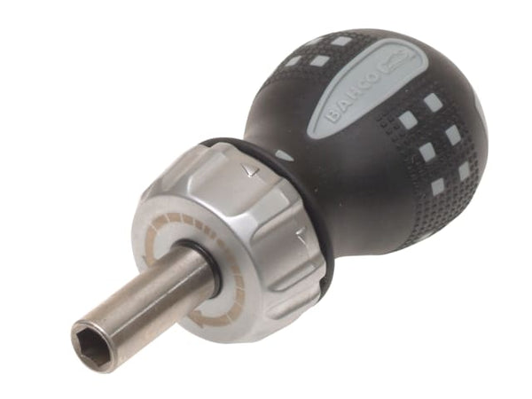 Bahco 808050S stubby ratchet screwdriver with a compact, orange and black handle.