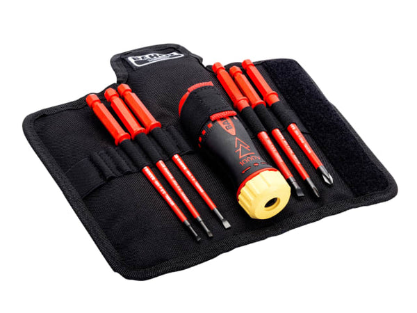 A 6-piece Bahco insulated ratcheting screwdriver set for safe electrical work.
