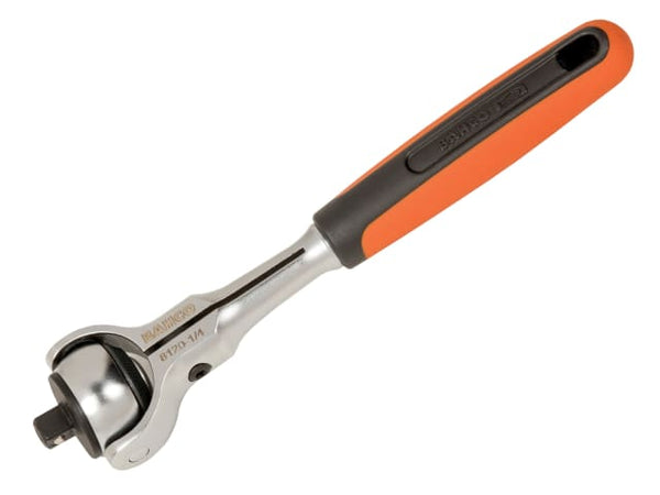 Bahco 1/4-inch drive swivel head ratchet with a flexible head for tight spaces.