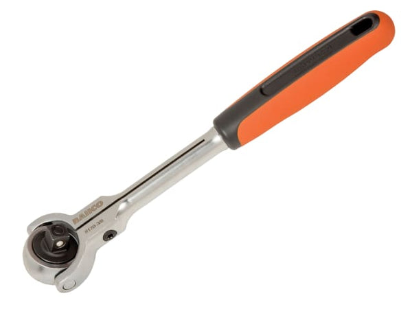 Bahco 3/8-inch drive swivel head ratchet with a polished finish and comfort grip.