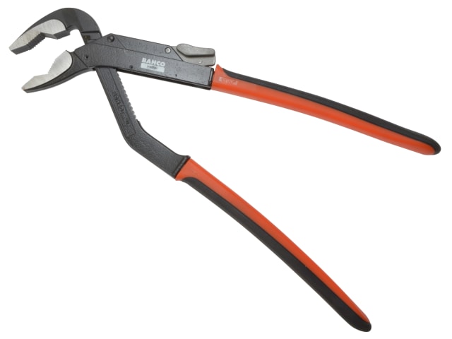 Angled view of the Bahco Ergo slip joint pliers, highlighting the jaw design.