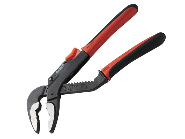 Heavy-duty Bahco Ergo slip joint pliers with a long handle for high leverage.