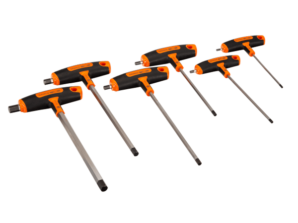 A 6-piece Bahco T-handle hex screwdriver set with a black and orange design.