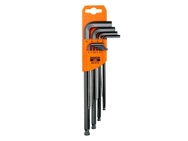 The Bahco hex L-key set with one key partially removed to show the ball end.
