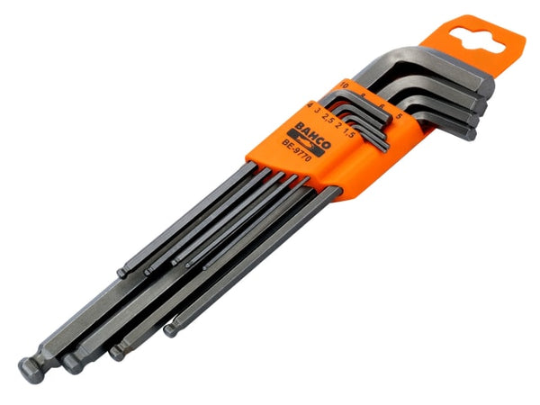A 9-piece Bahco metric long ball-end hex L-key set in a folding holder.