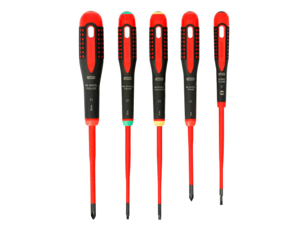 A 5-piece Bahco Ergo slim VDE insulated screwdriver set for electrical work.