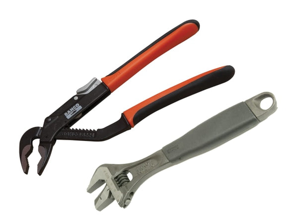 A 2-piece Bahco adjustable slip joint pliers set with black comfort grips.