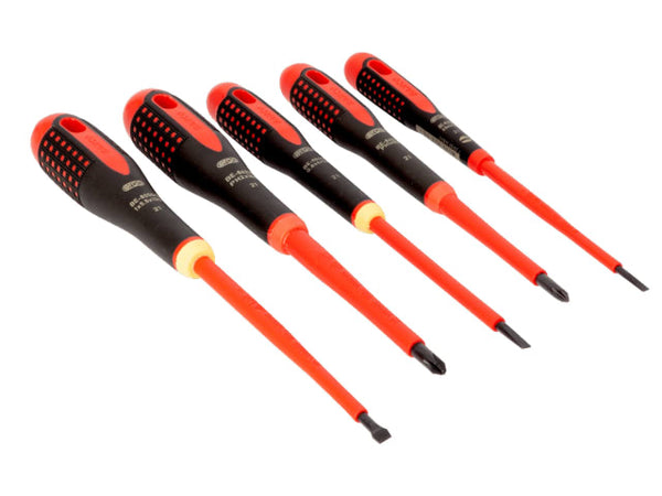 The five VDE insulated screwdrivers from the Bahco Ergo set arranged together.