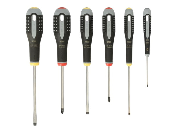 A 6-piece Bahco Ergo screwdriver set with assorted slotted and Phillips tips.