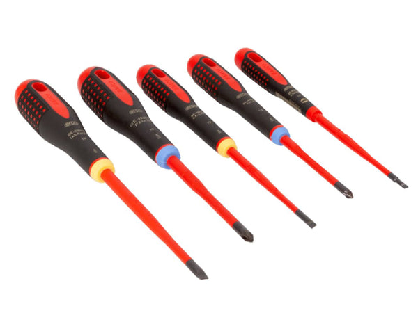 The five slim screwdrivers from the Bahco Ergo VDE insulated set displayed.