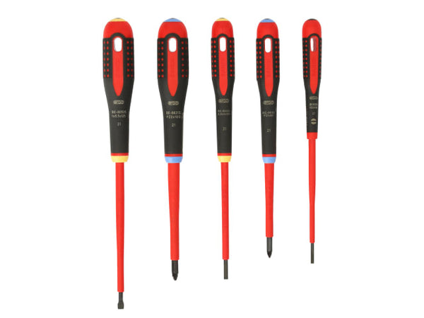 A 5-piece Bahco Ergo VDE insulated screwdriver set with slotted and Pozidriv tips.