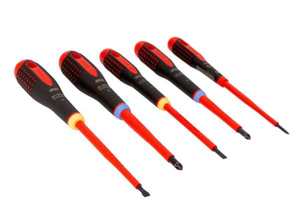The five insulated screwdrivers from the Bahco Ergo VDE Pozidriv set.