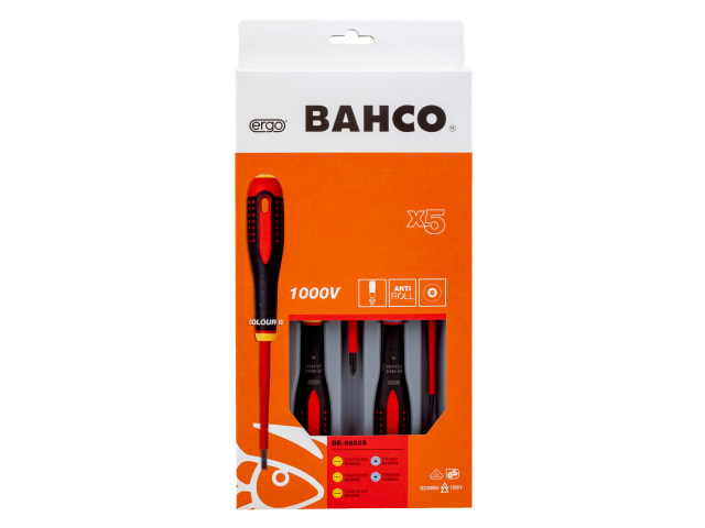 Packaging for the Bahco 5-piece Ergo VDE slotted and Pozidriv set.