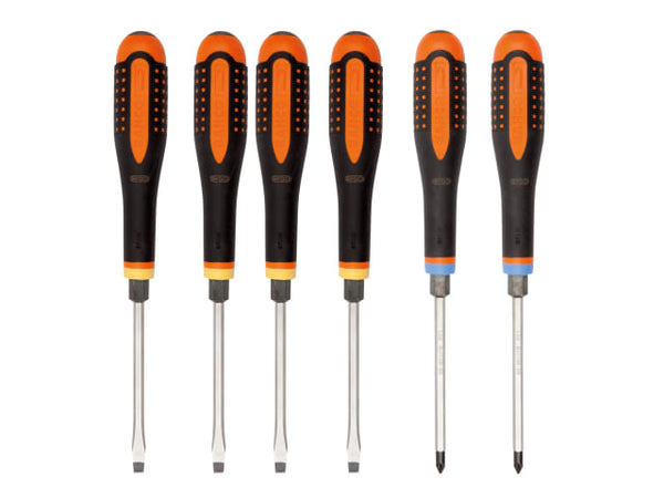 A 6-piece Bahco Ergo through-blade screwdriver set for high-impact use.