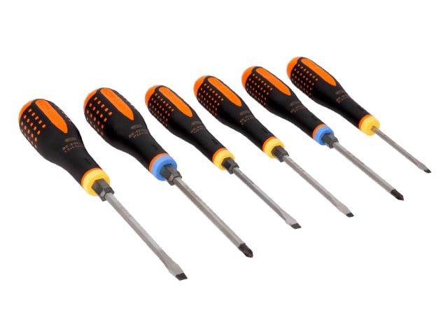 All six through-blade screwdrivers from the Bahco Ergo set displayed in a line.