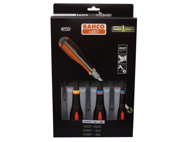 The Bahco Ergo through-blade screwdriver set in its clear plastic packaging.